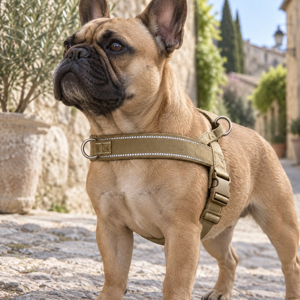 Bouledogue français en harnais dans une ruelle provençale