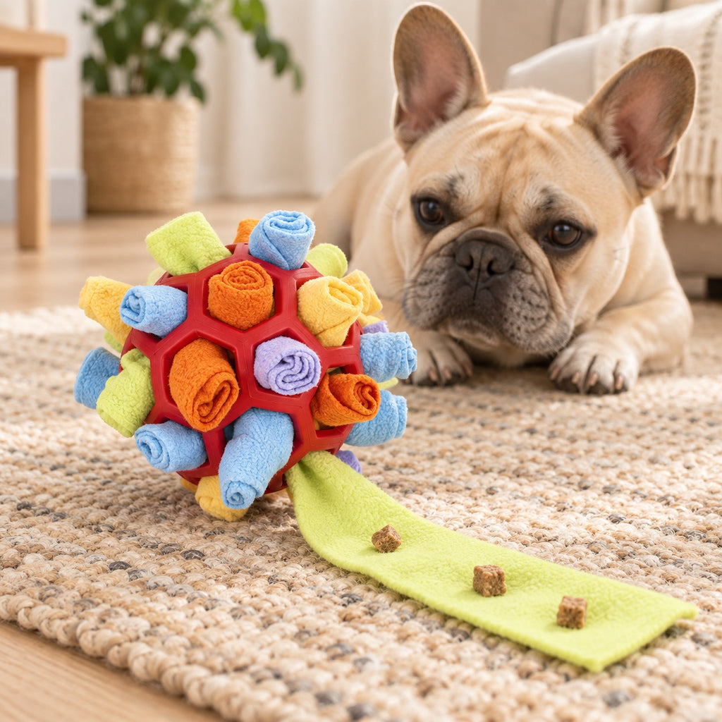 Bouledogue français avec la balle de fouille rouge arc-en-ciel sur un tapis beige