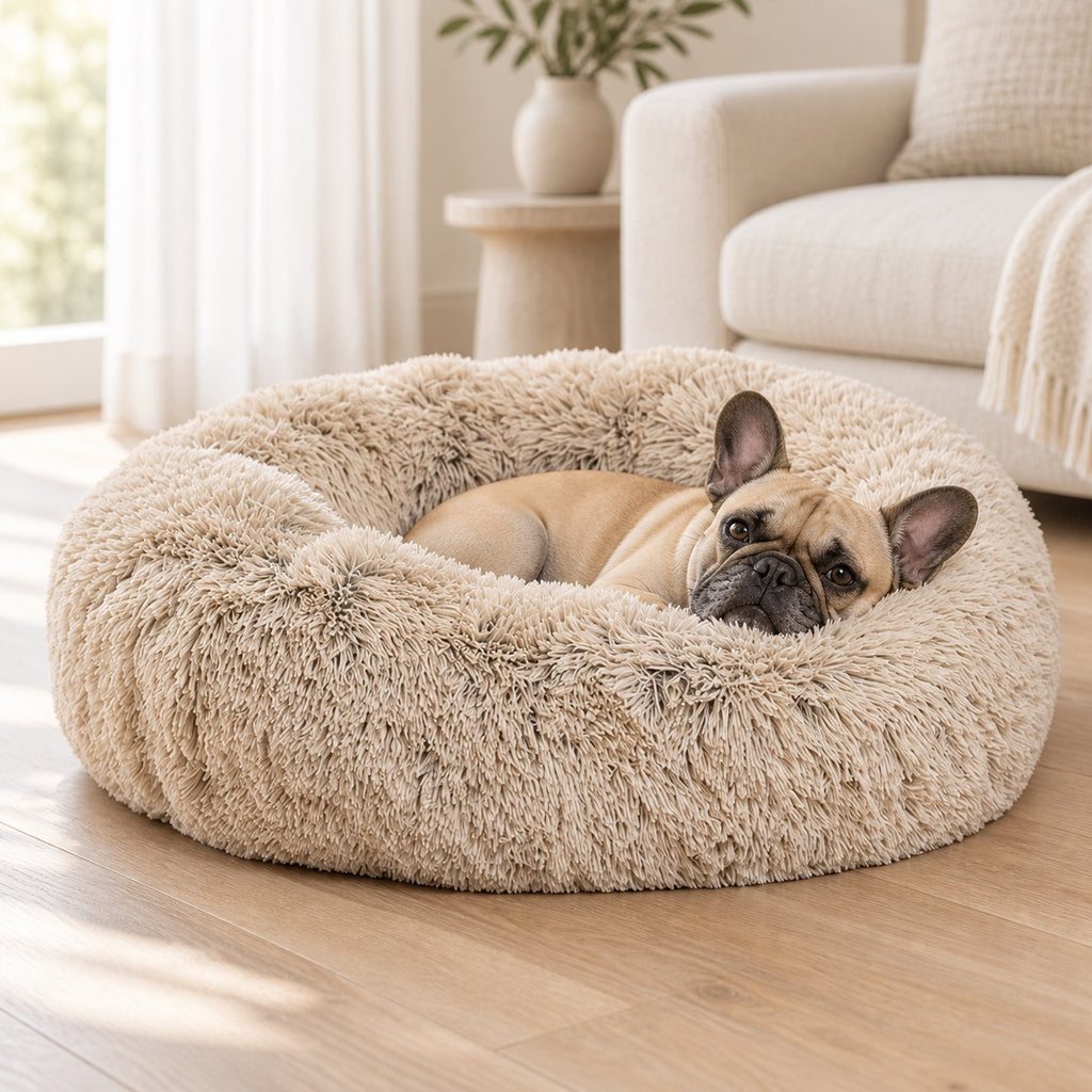 Bouledogue français installé dans le panier donut beige, salon lumineux