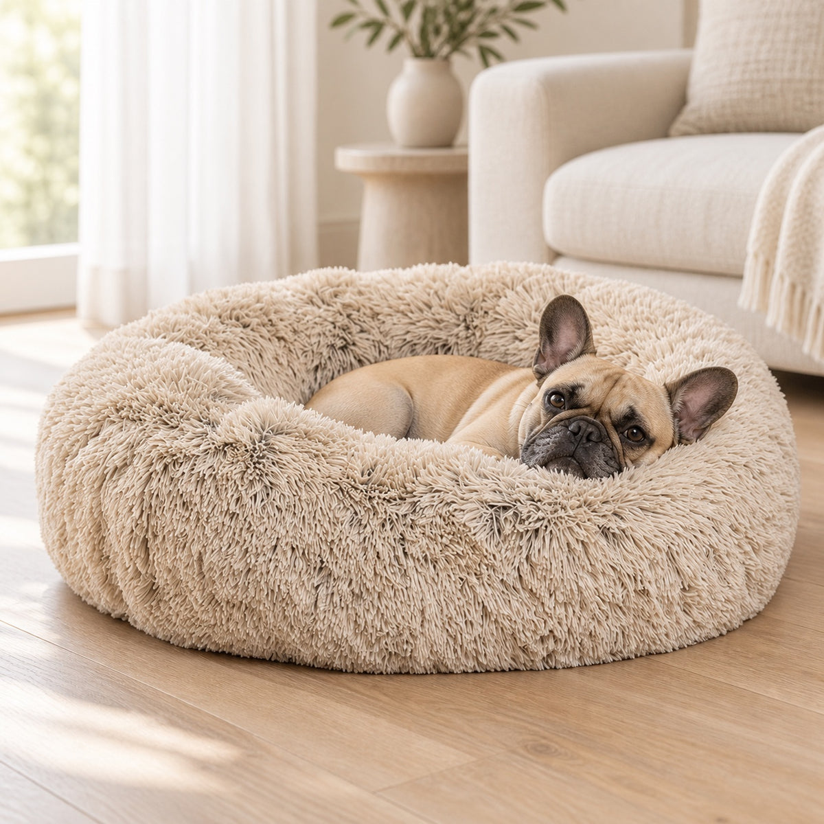 Bouledogue français installé dans le panier donut beige, salon lumineux
