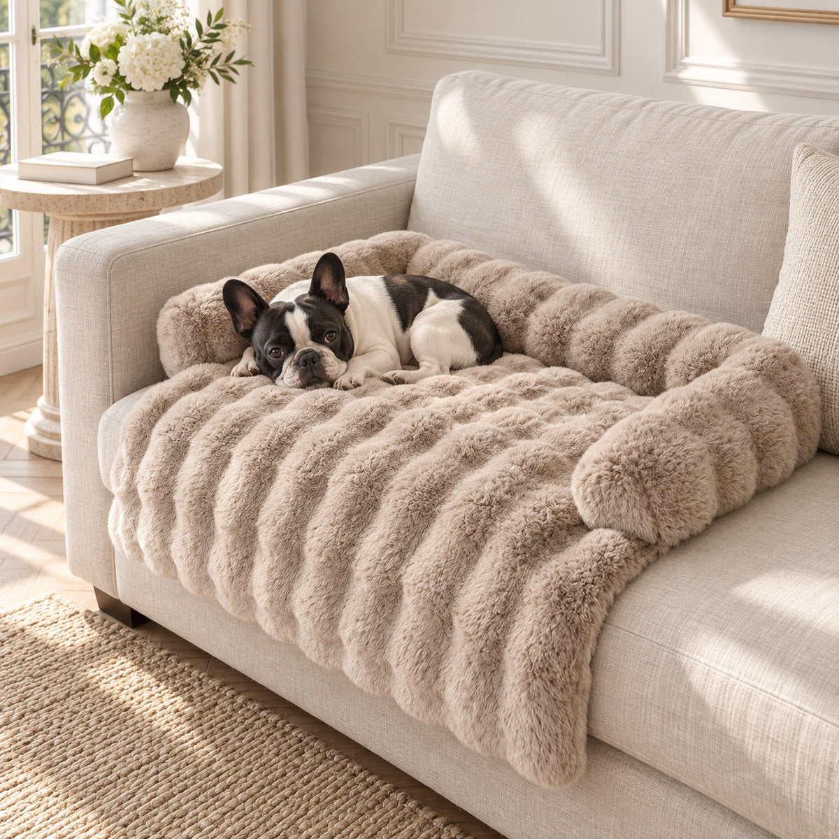 Bouledogue français allongé sur le tapis fourrure beige, sur un canapé dans un salon lumineux