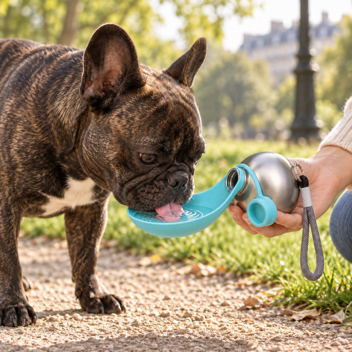 Chien en promenade avec la Gourde Nomade 2-en-1 ouverte