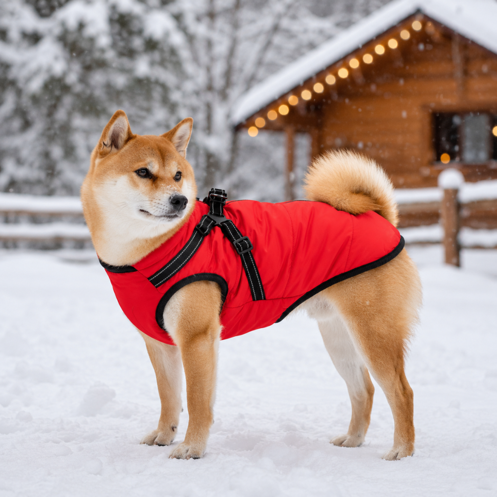 [Photo provisoire] Chien dans la neige avec le manteau rouge