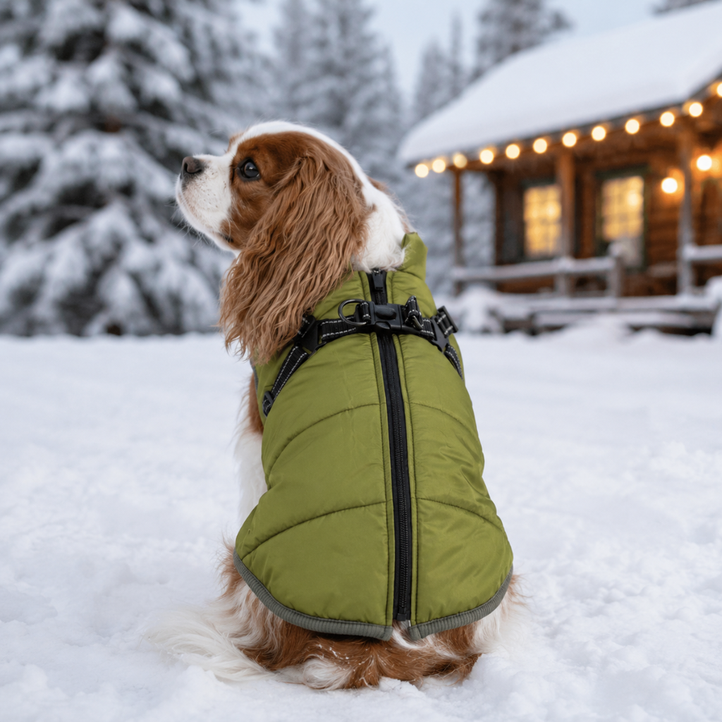 [Photo provisoire] Chien dans la neige avec le manteau vert olive