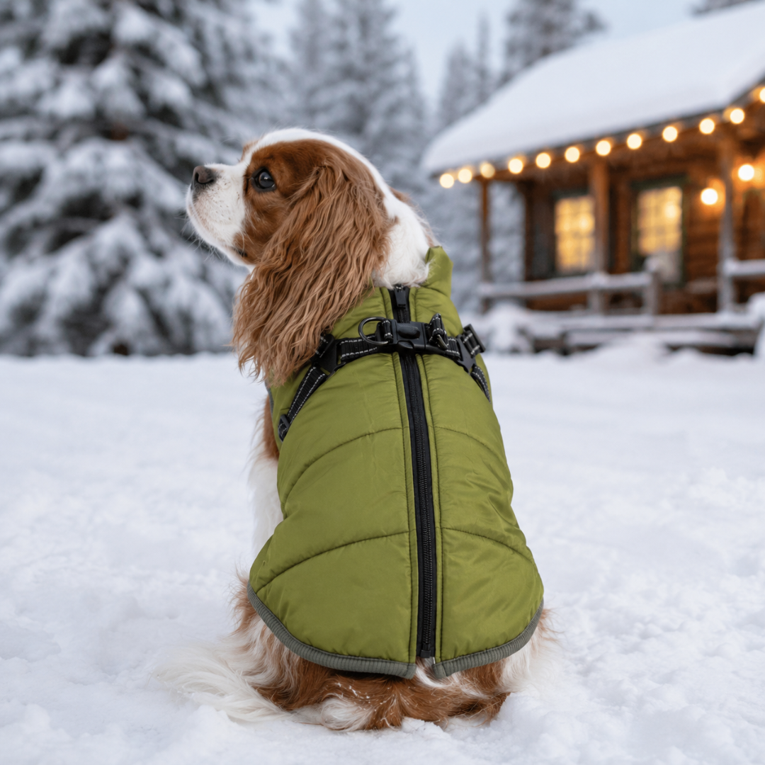 [Photo provisoire] Chien dans la neige avec le manteau vert olive