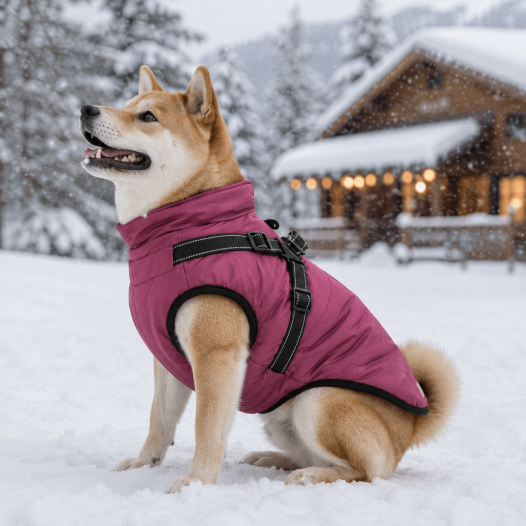 [Photo provisoire] Chien dans la neige avec le manteau rose