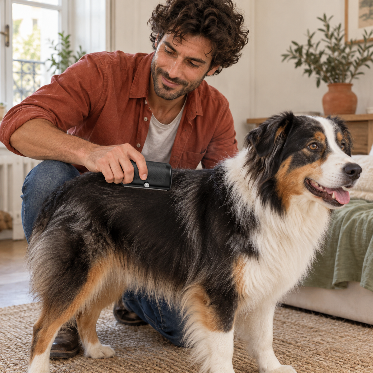 Brossage d’un berger australien avec la Brosse de Mue