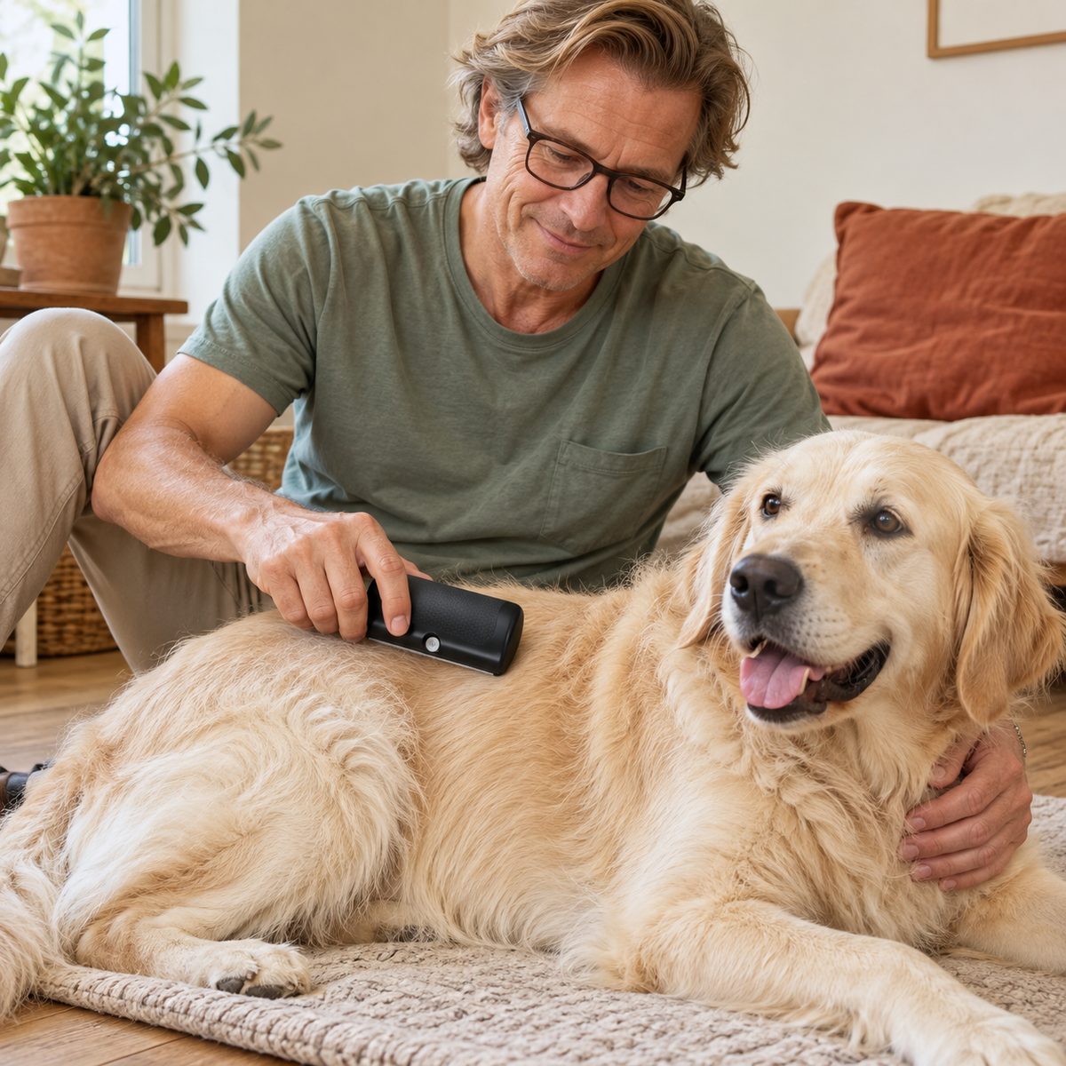 Brossage d’un golden retriever allongé sur un tapis
