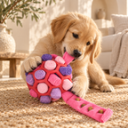 Chiot golden retriever qui fouille la balle de fouille rose et violette sur un tapis en jute