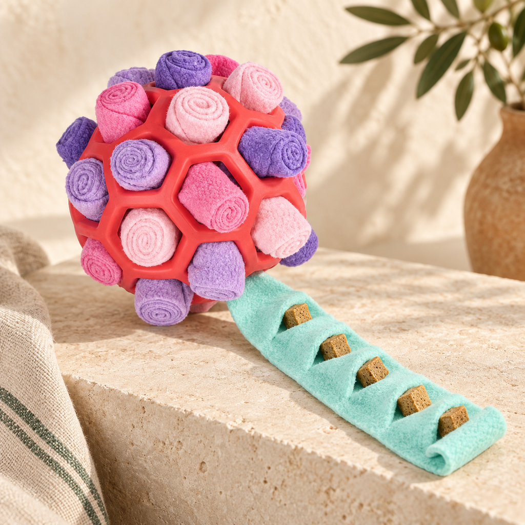 Balle de fouille rose et violette avec bande menthe à friandises, sur une pierre claire