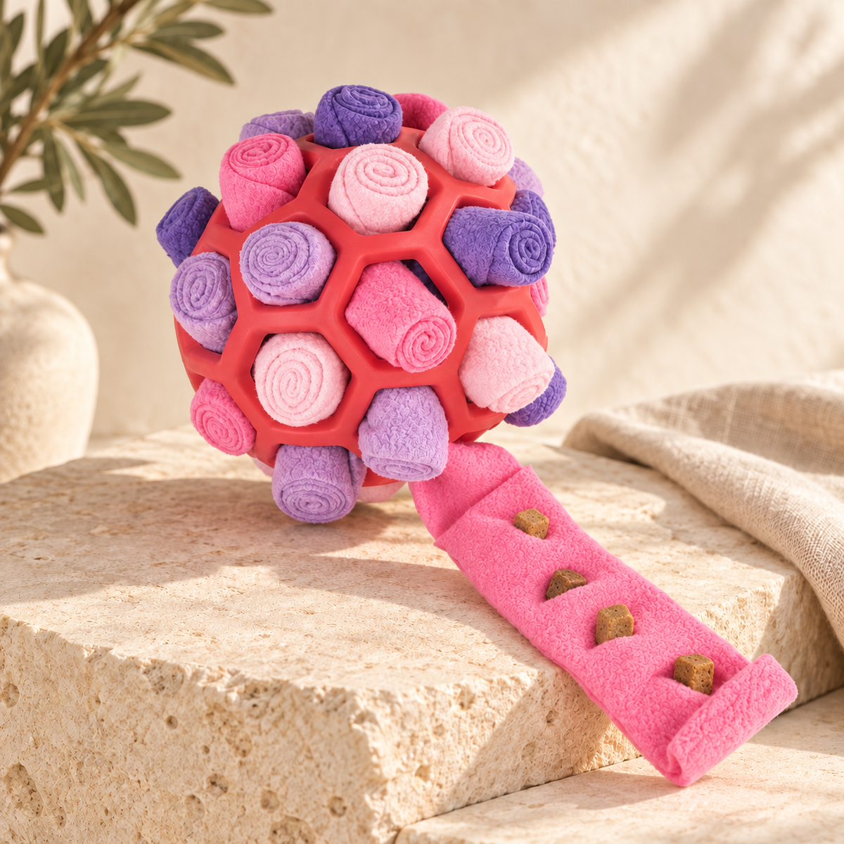 Balle de fouille rose et violette avec bande rose à friandises