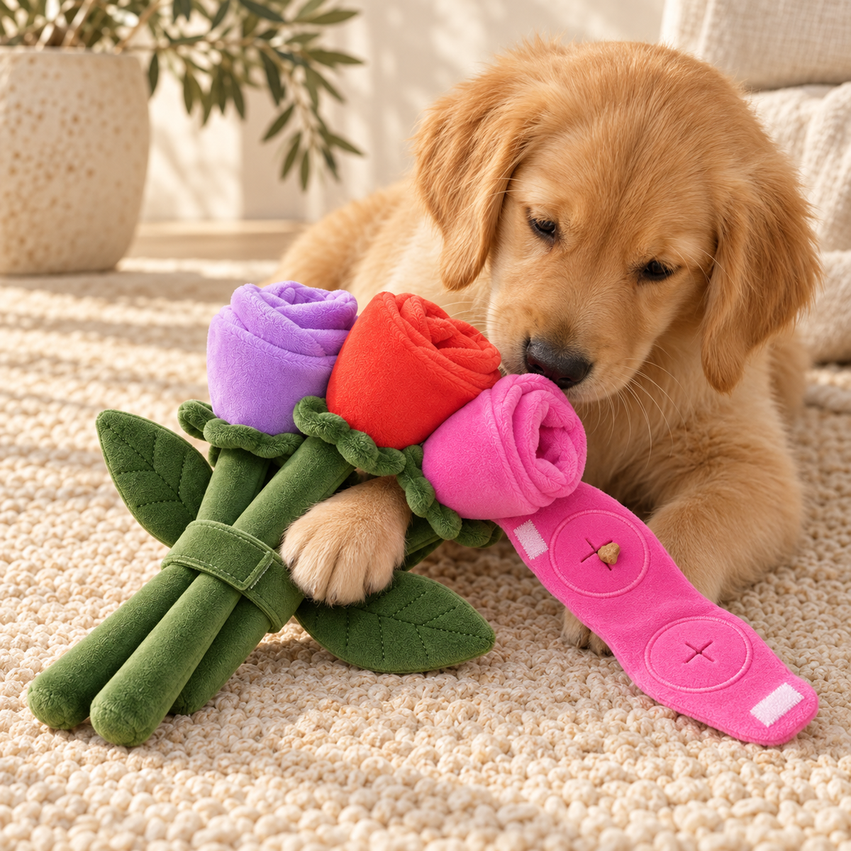 Chiot golden retriever qui fouille le bouquet de roses en peluche, une rose déroulée avec sa poche à friandise