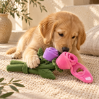 Chiot golden retriever reniflant la rose rose déroulée du bouquet, friandise dans la poche