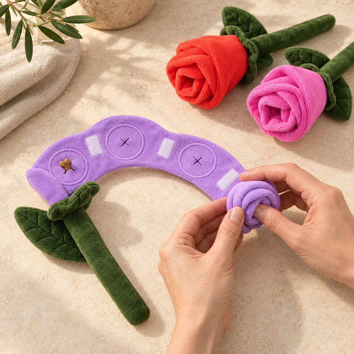 Mains déroulant la rose violette : bande à trois poches à friandises avec fermetures auto-agrippantes