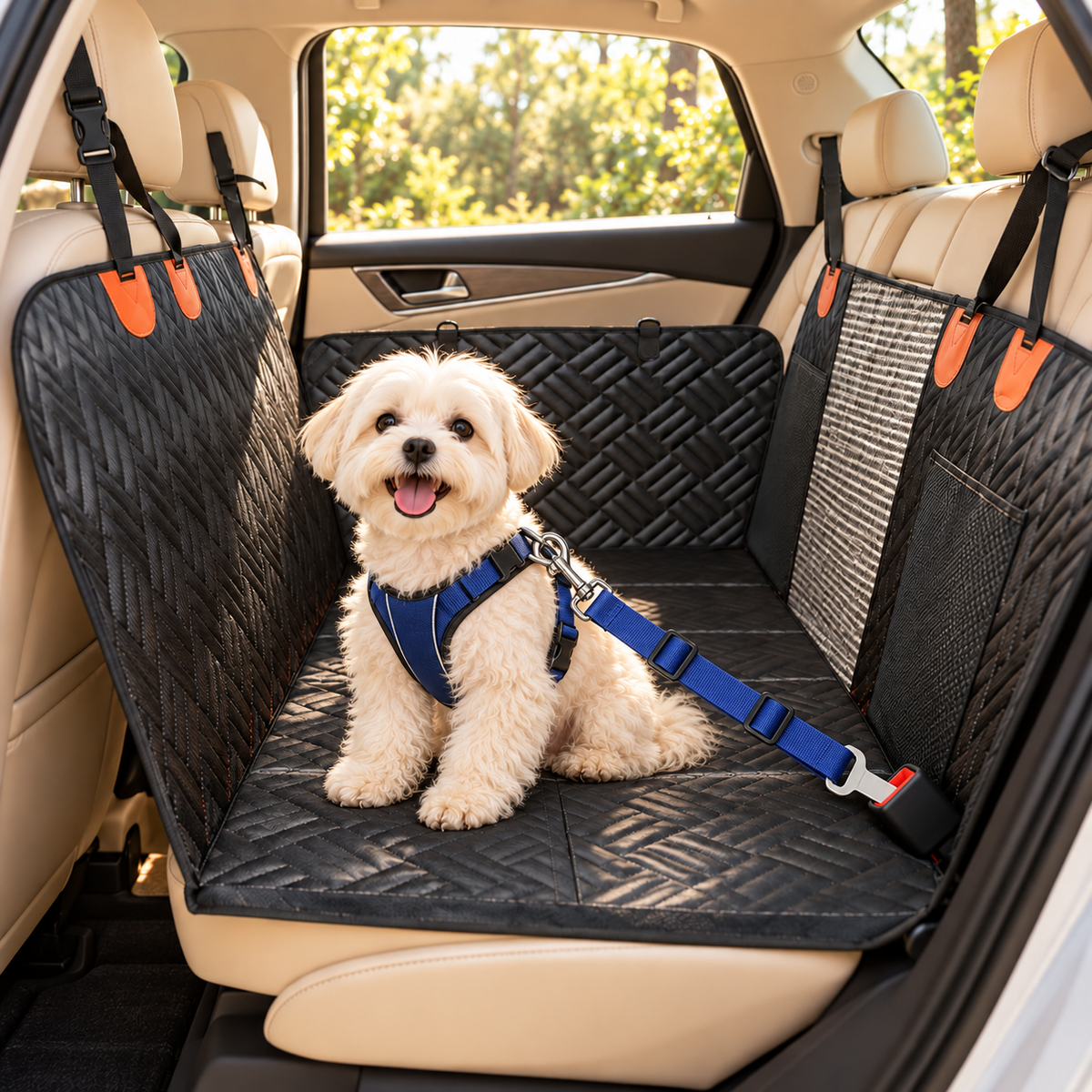 Bichon maltais sur la housse de banquette, attaché par la ceinture de sécurité bleue