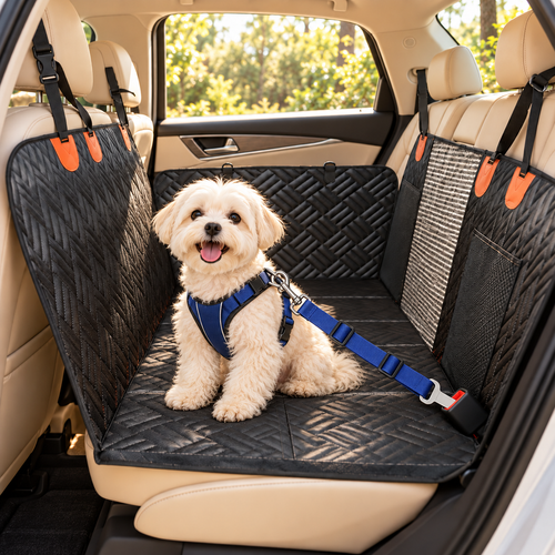 Bichon maltais sur la housse de banquette, attaché par la ceinture de sécurité bleue