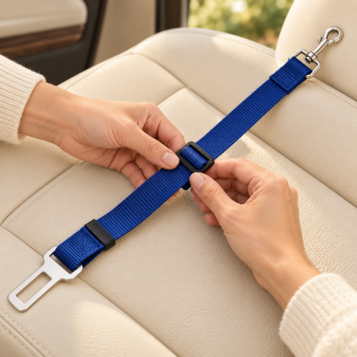 Mains réglant la longueur de la ceinture bleue avec la boucle coulissante