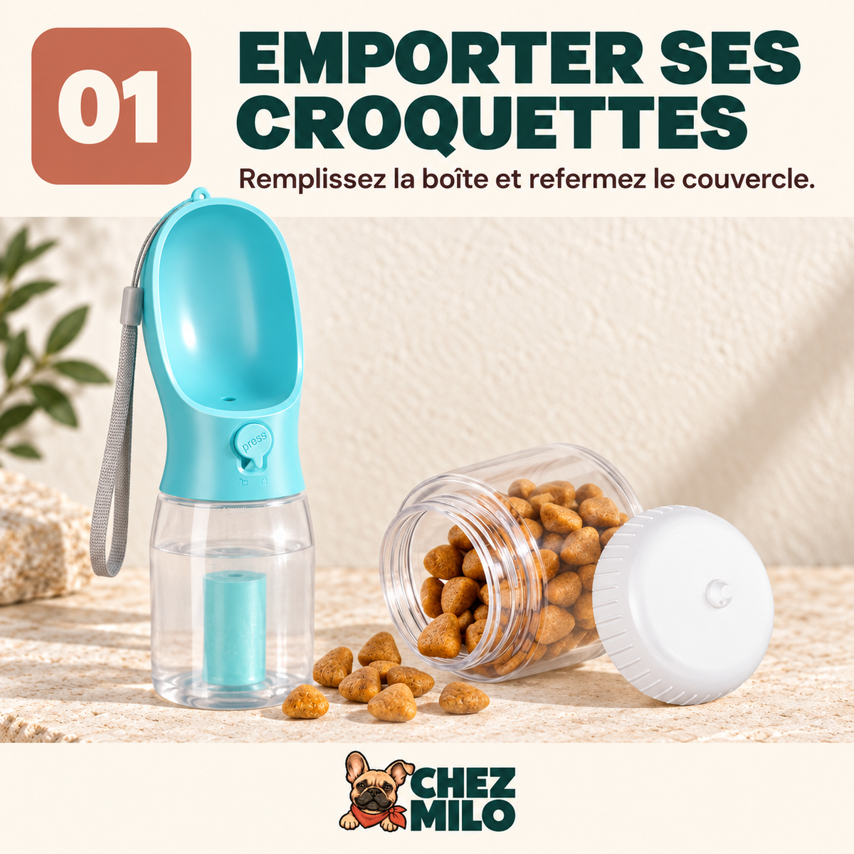 Étape 1 : remplir la boîte à croquettes et refermer le couvercle. Gourde 3-en-1 Chez Milo.