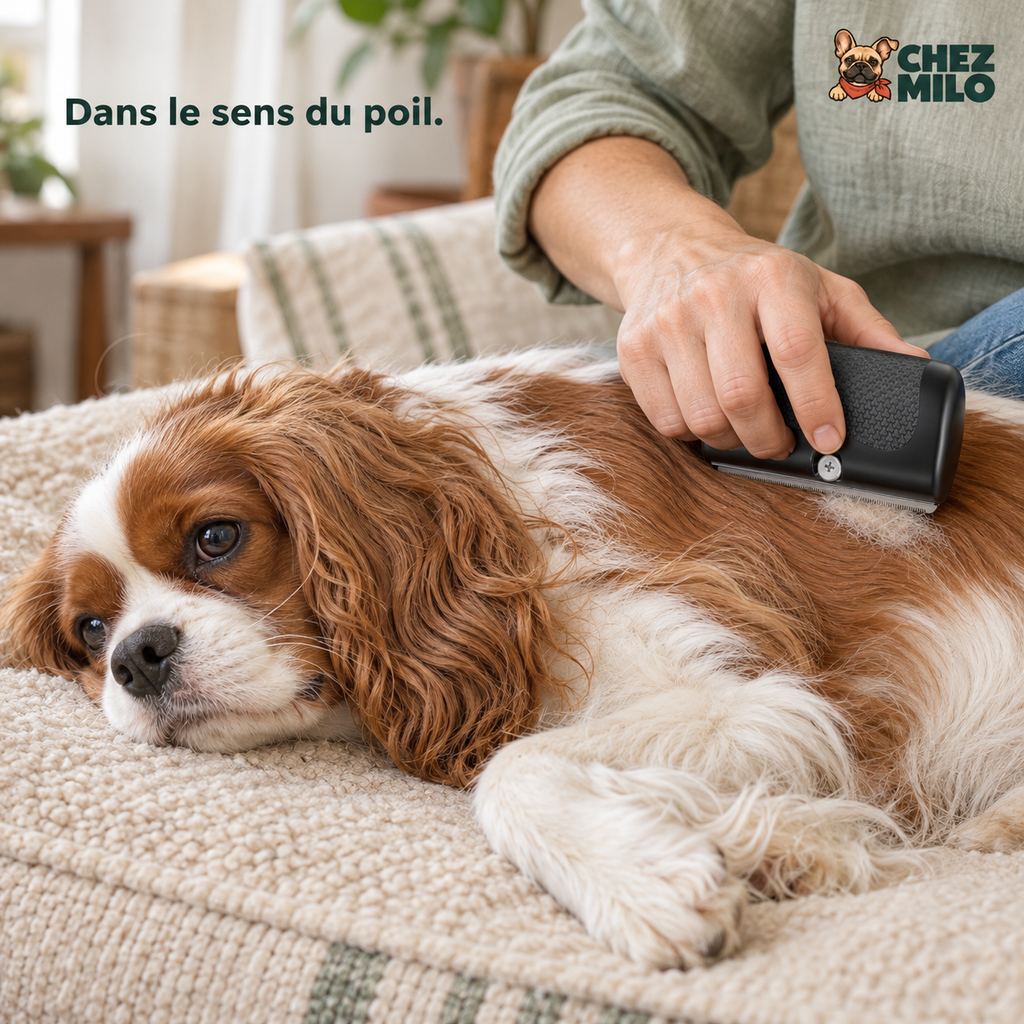 Brossage d’un cavalier king charles dans le sens du poil