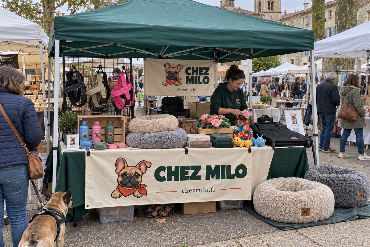Le stand Chez Milo sur un marché provençal : harnais, paniers, jouets et accessoires de voyage