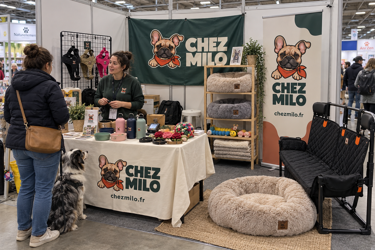 Le stand Chez Milo en salon : univers Promenade, Jeu, Repos et Voyage