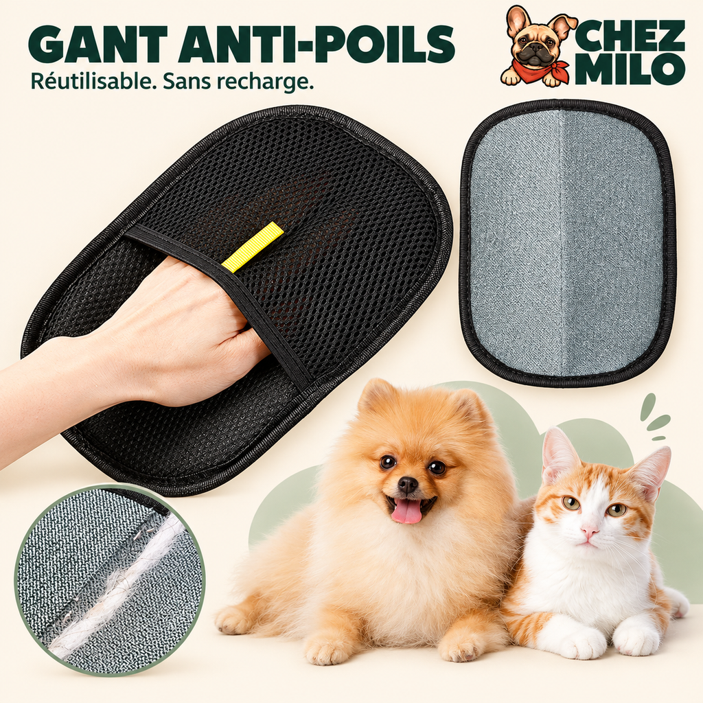 Gant anti-poils double face, face texturée noire et face grise, avec un chien et un chat