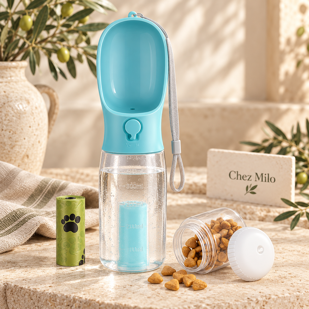 Gourde 3-en-1 bleue avec rouleau de sacs à déjections et bocal de croquettes sur une table en pierre, branches d’olivier