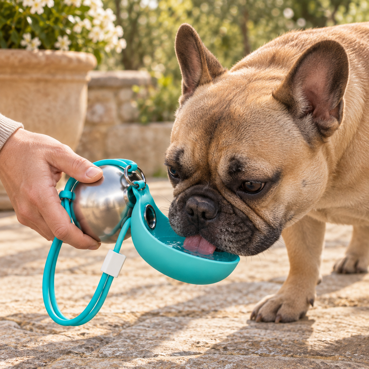 Étape 3 — Laisser le chien boire dans le bol de la gourde nomade