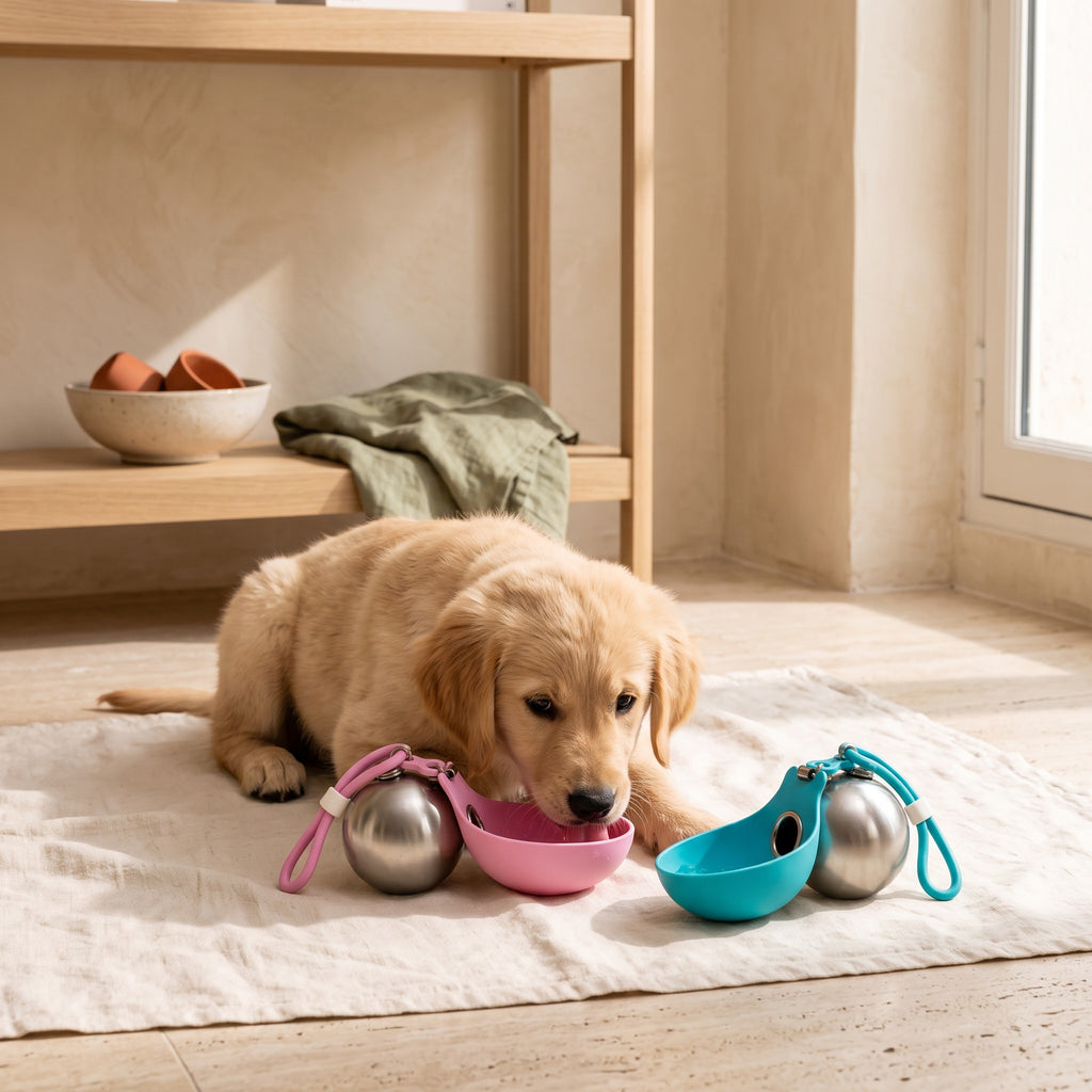 Gourdes nomades rose et turquoise avec un chiot golden retriever