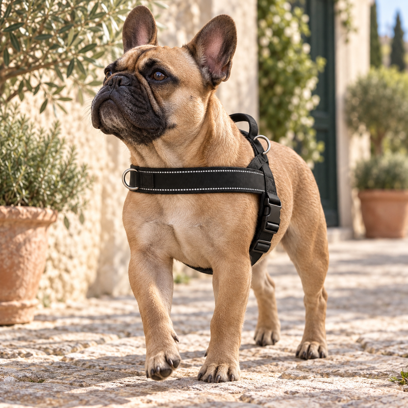 Bouledogue français portant le harnais anti-traction noir à bande réfléchissante, dans une ruelle provençale