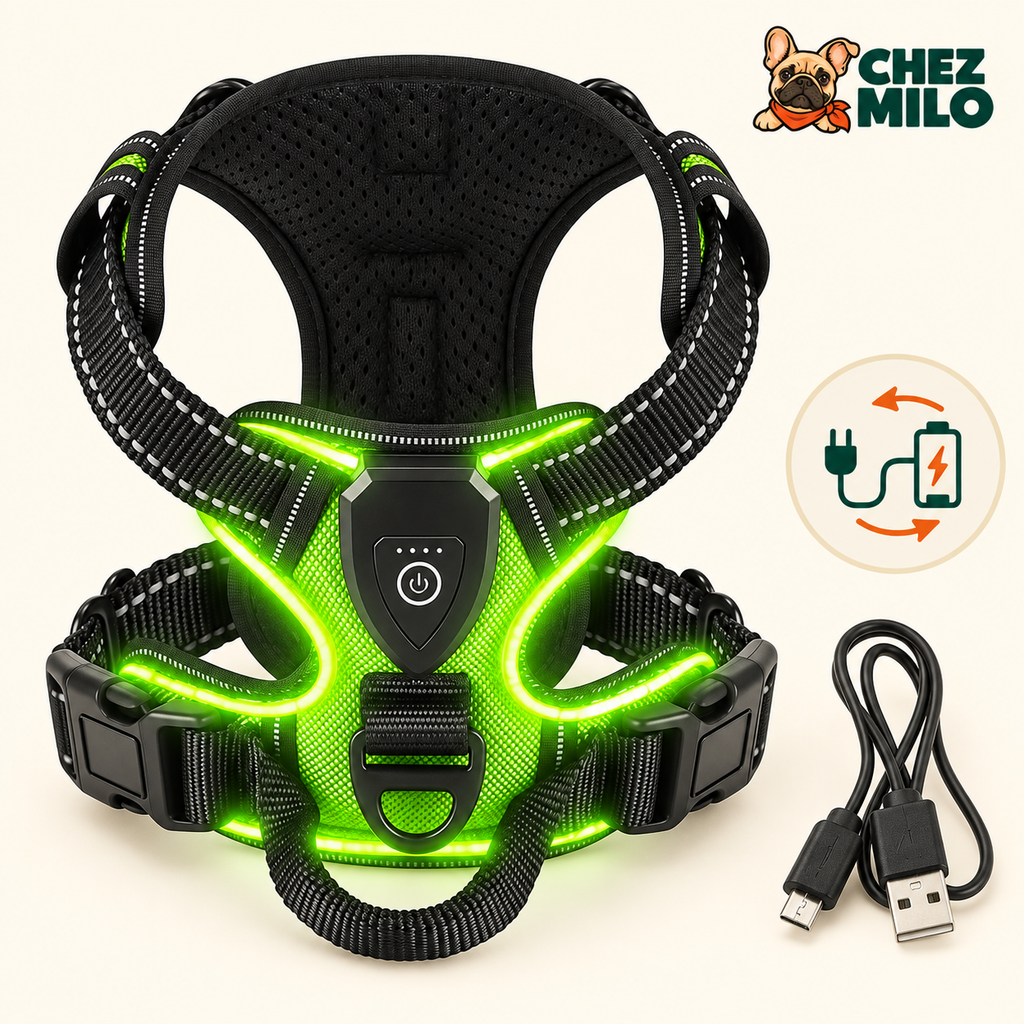Harnais LED vert avec son câble de recharge