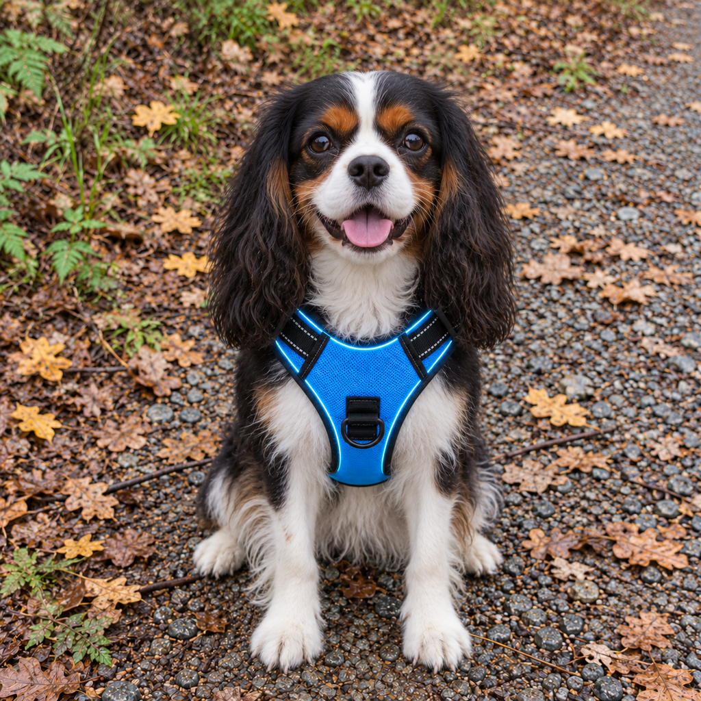 Cavalier King Charles portant le Harnais Lumineux LED bleu allumé