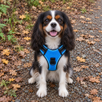 Cavalier King Charles portant le Harnais Lumineux LED bleu allumé