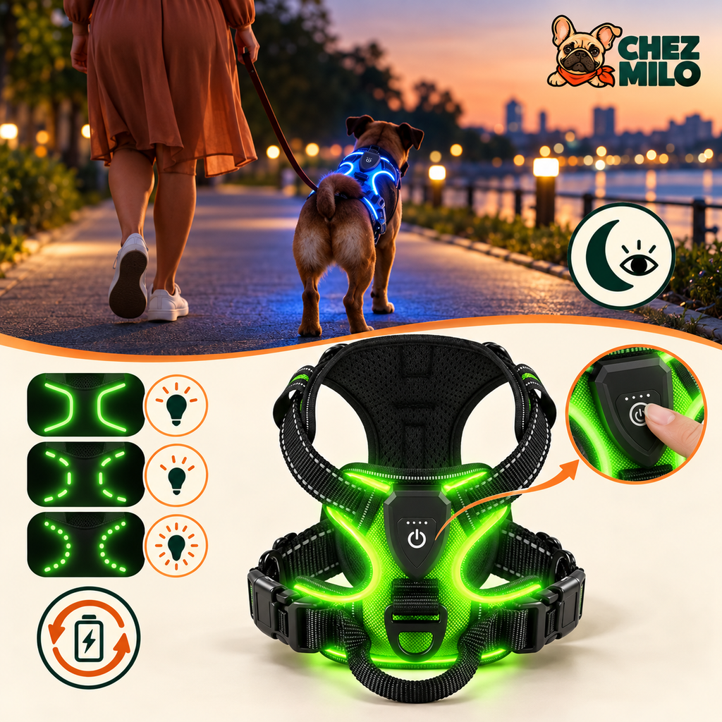 Harnais LED en balade du soir et ses 3 modes : fixe, clignotement lent et rapide