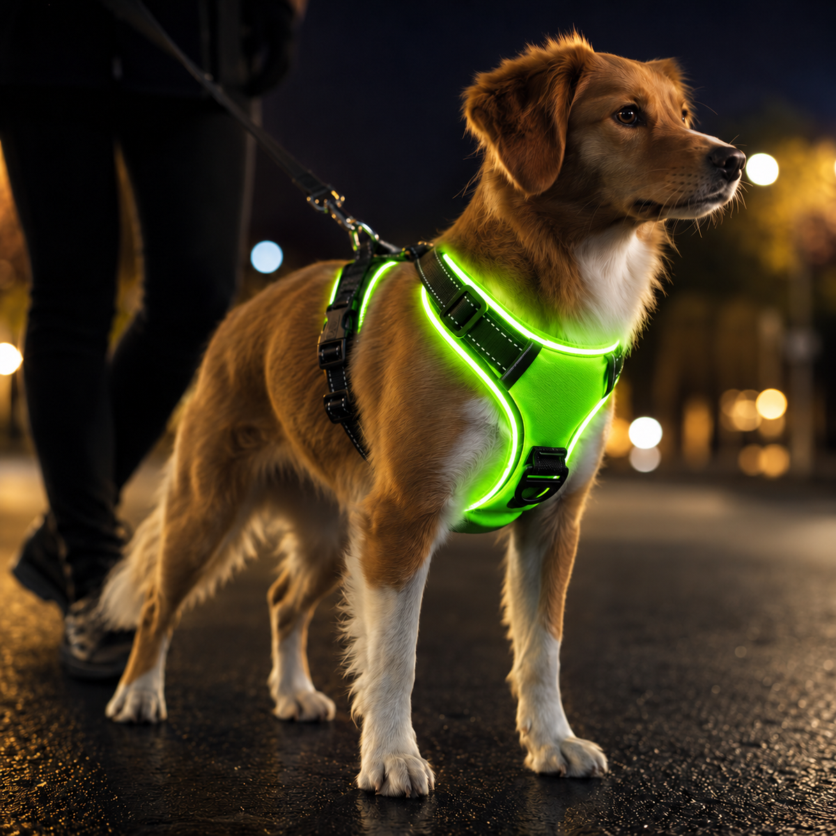 Chien en balade de nuit, harnais LED allumé vu de côté