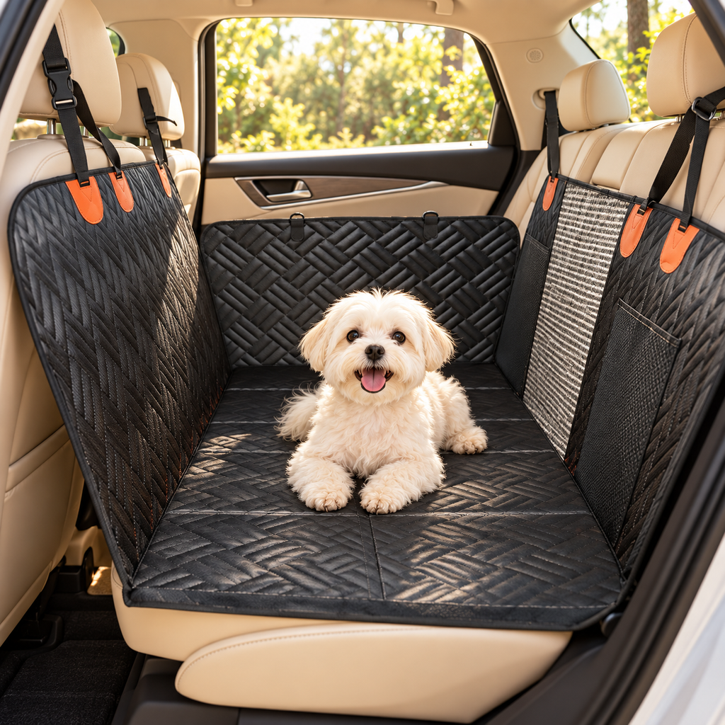 Bichon maltais sur la housse de banquette auto, rabats latéraux et poche de rangement