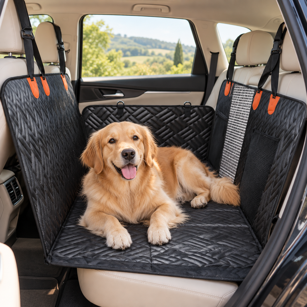 Golden retriever allongé sur la housse de banquette auto noire, fixée aux appuie-tête