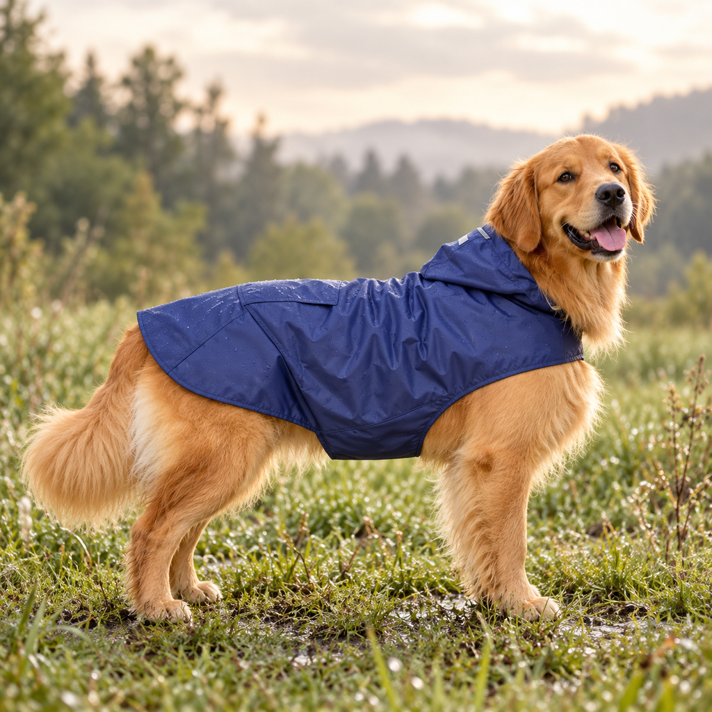Golden retriever en imperméable bleu marine dans un pré mouillé