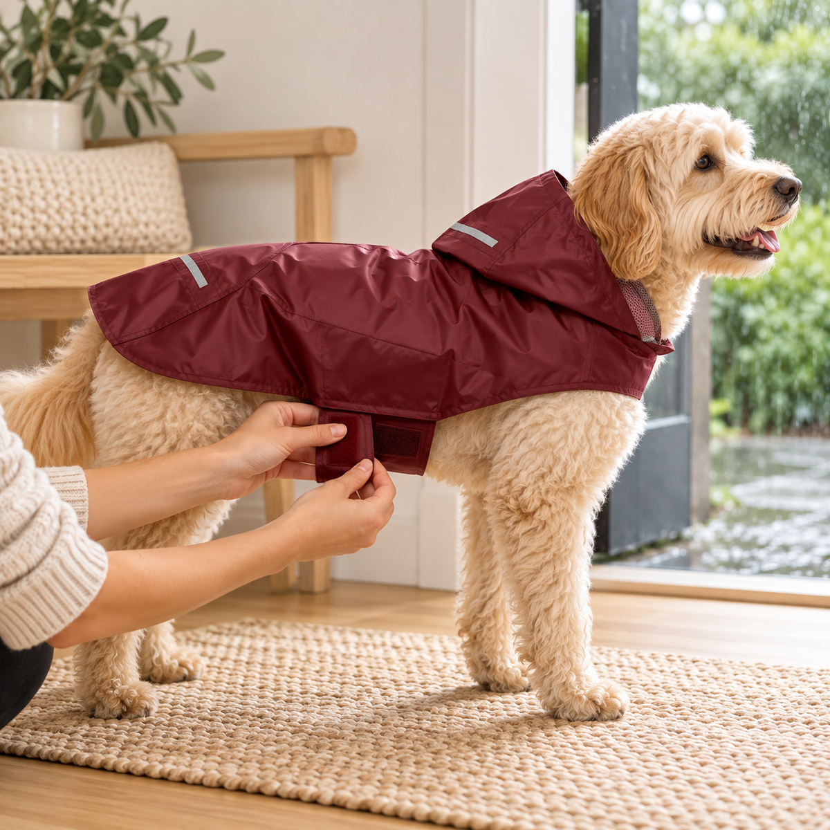 Mains refermant la sangle ventrale à scratch de l’imperméable bordeaux