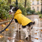 Terrier en imperméable jaune tenu en laisse dans un parc sous la pluie