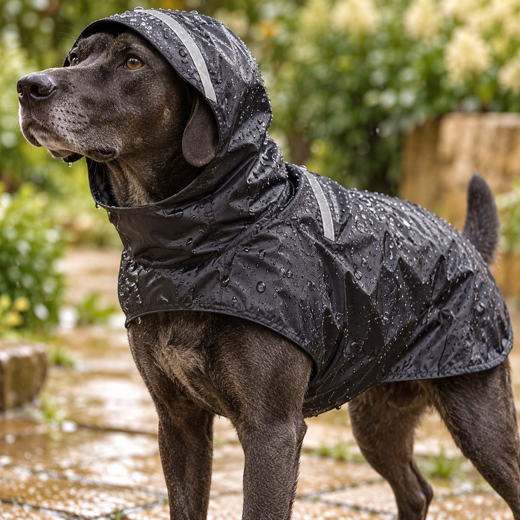 Chien en imperméable noir capuche relevée, gouttes de pluie sur le tissu