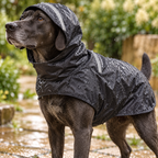 Chien en imperméable noir capuche relevée, gouttes de pluie sur le tissu