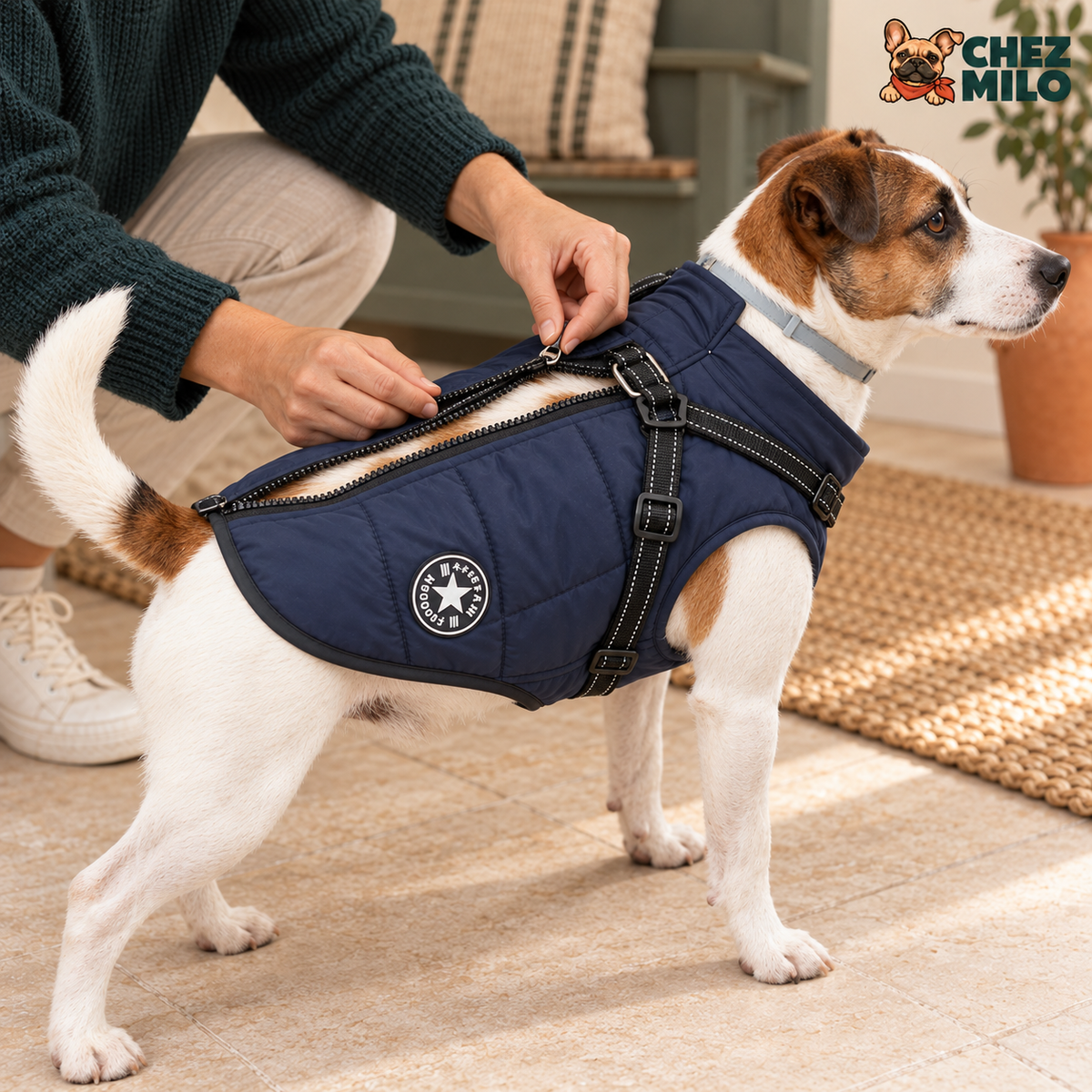 Fermeture éclair du manteau remontée sur le dos du chien