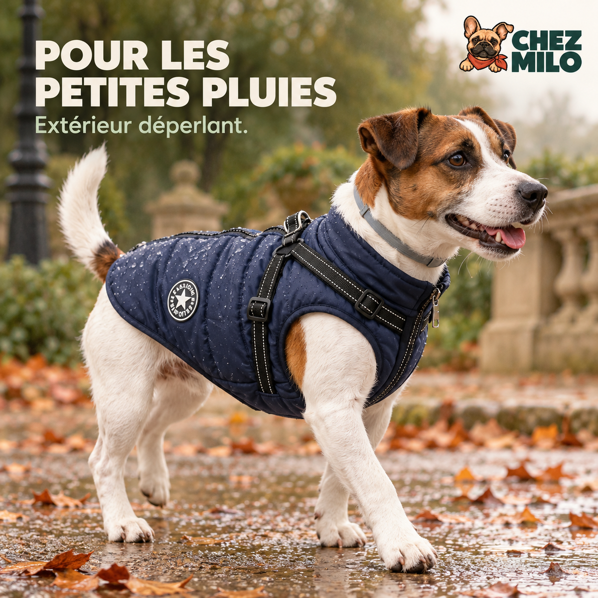 Extérieur déperlant : la pluie perle sur le manteau en balade d’automne