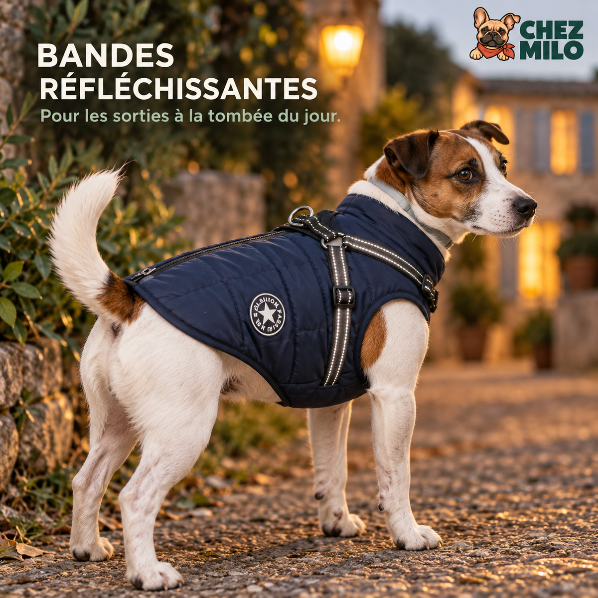 Bandes réfléchissantes du harnais à la tombée du jour