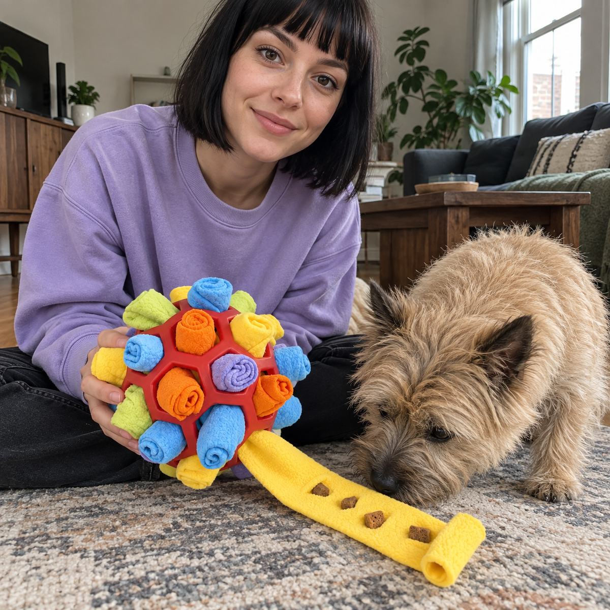 Femme tenant la Balle de Fouille arc-en-ciel devant un terrier