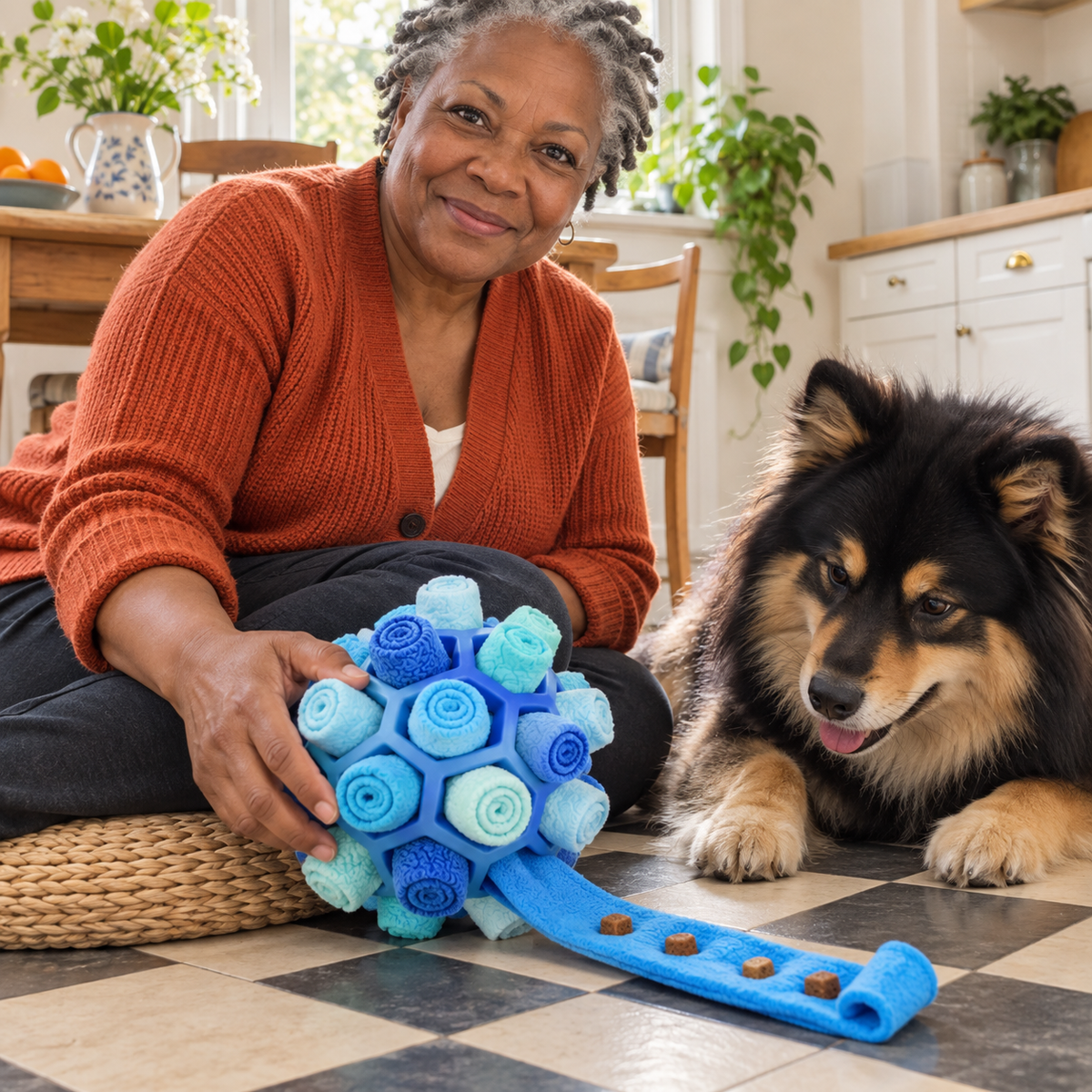 Femme présentant la Balle de Fouille bleue à un chien