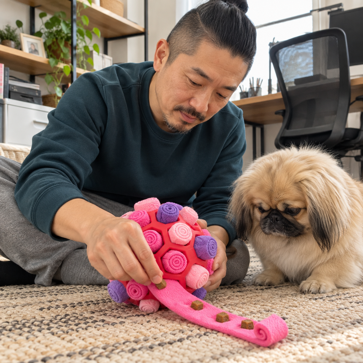 Homme garnissant la Balle de Fouille rose de friandises, à côté d’un pékinois