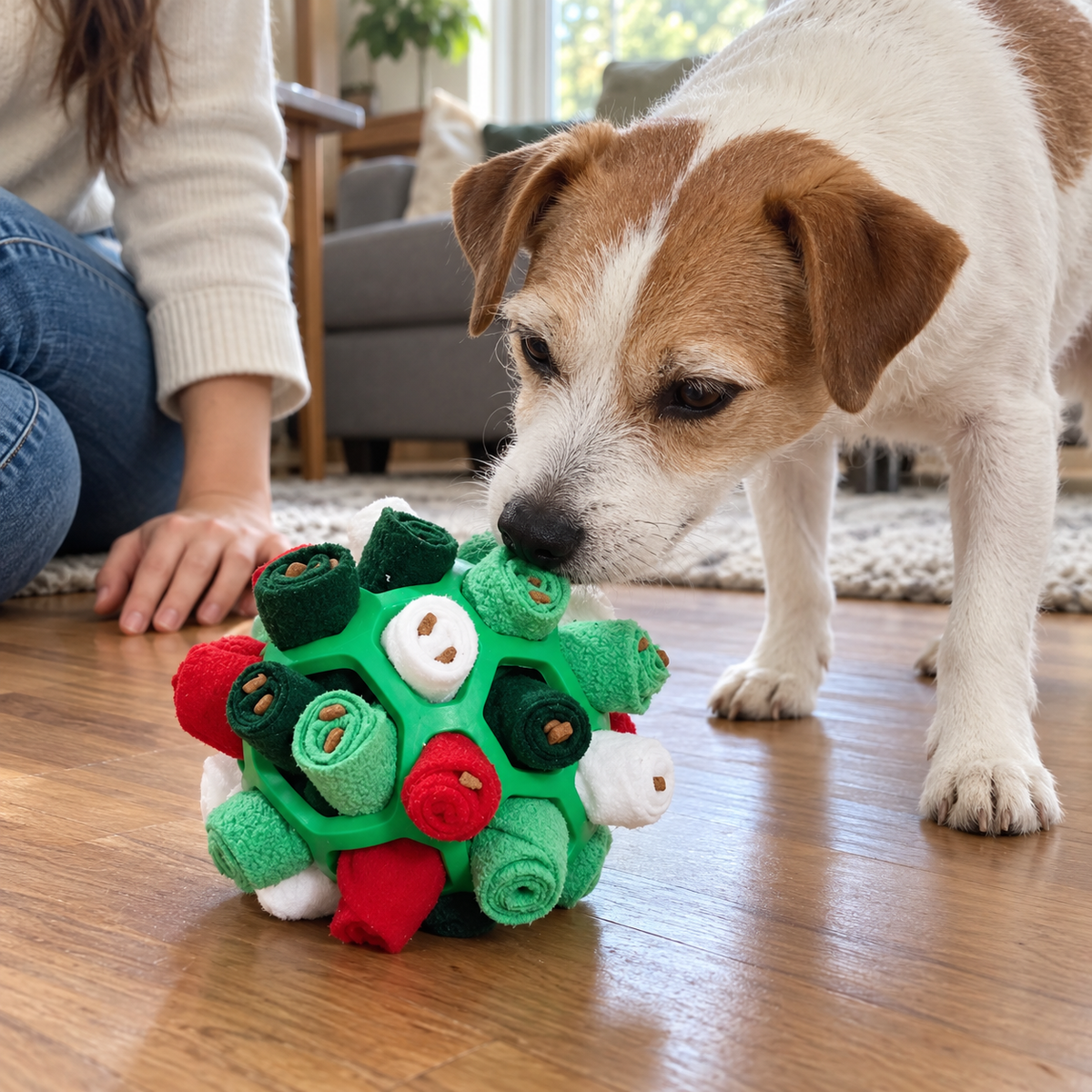 Jack russell fouillant la Balle de Fouille verte