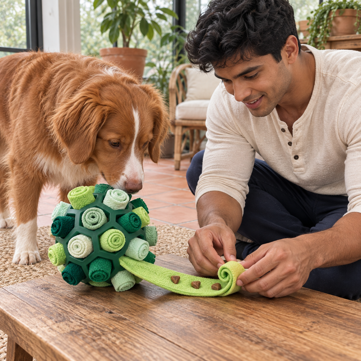 Homme glissant des friandises dans la Balle de Fouille verte pour un retriever
